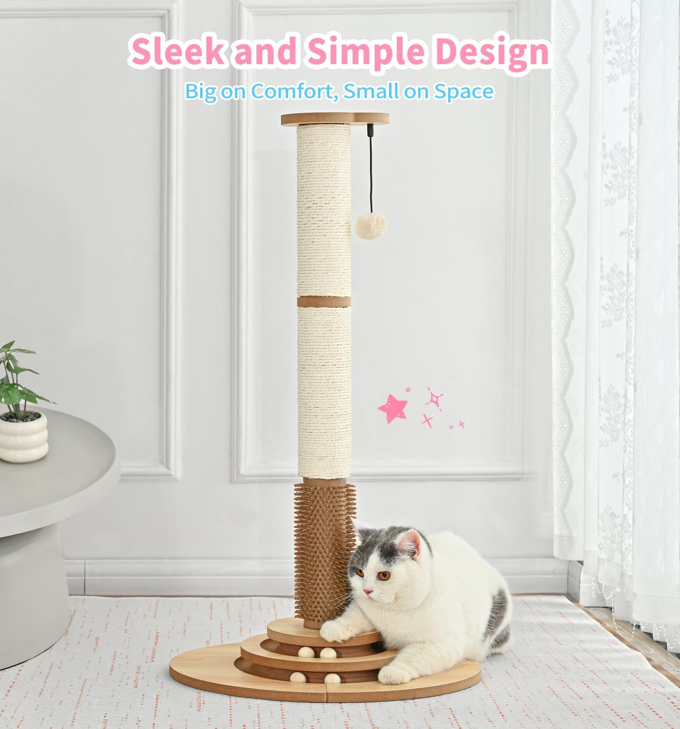 Made4Pets Cat Scratching Post Premium Sisal Cat Scratcher Kitten Toys for Indoor Kittens 33.6" Tall Cat Tower Scratch Post Cat Tree Wooden Interactive Ball Track Cat Toy with Hanging Ball, Beige - Image 8