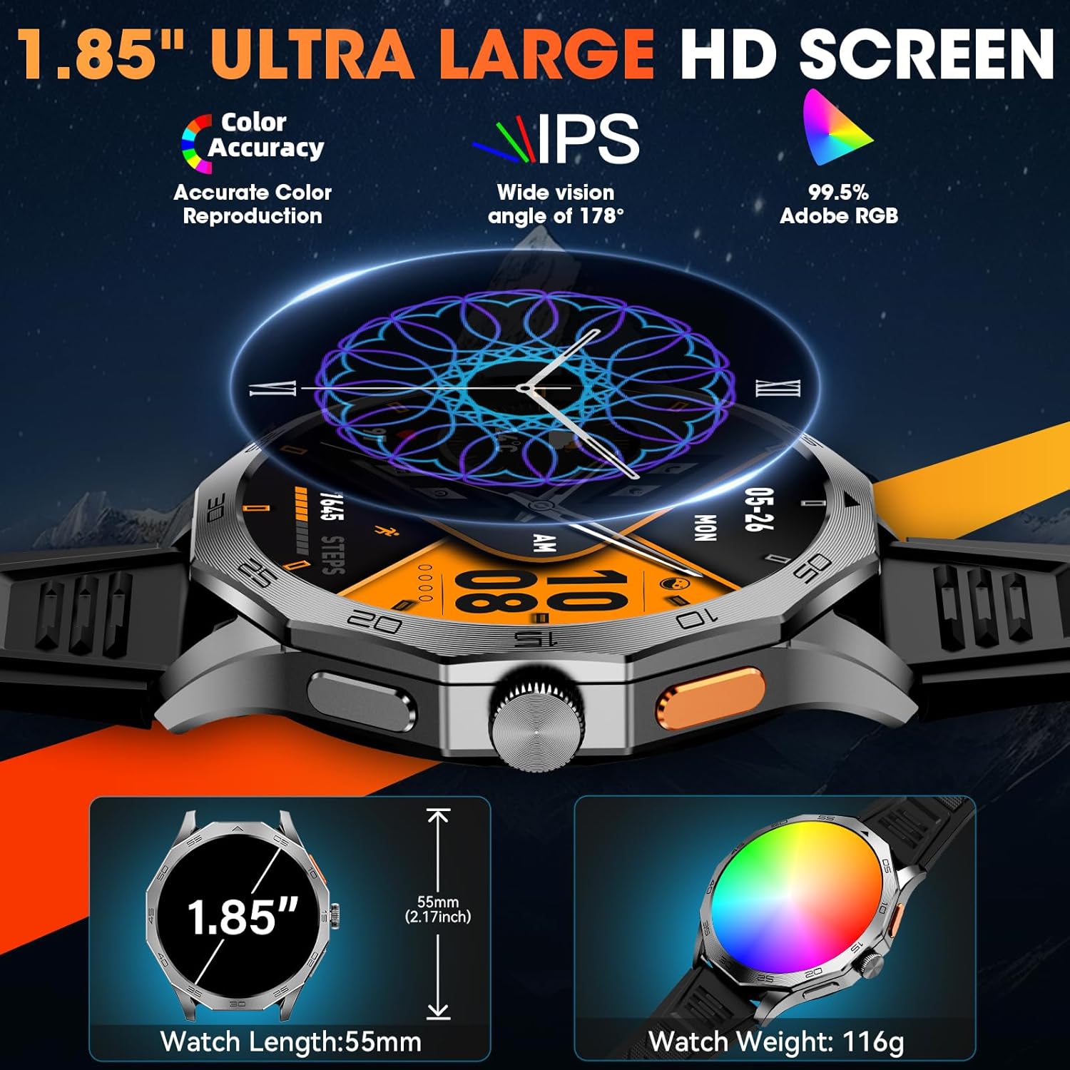 Military Smart Watch for Men 1.85" HD Ultra Screen Touch Screen 710mAh Battery Smart Watches for Android iOS (Bluetooth Call Answer/Dial Calls) Fitness Tracker with 100+ Sports - Image 5