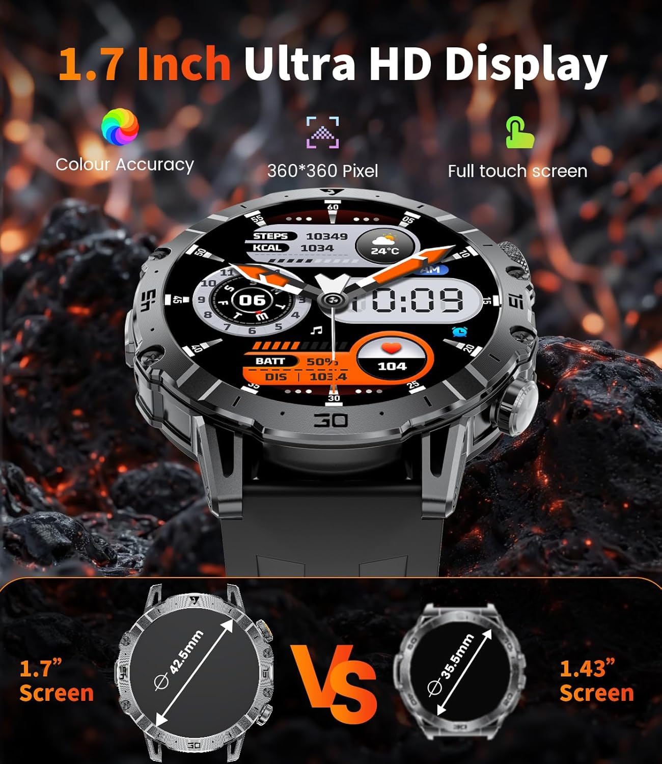 Military Smart Watch for Men(3 Bands),1000mAh /1.7" HD Large Display Smart Watches with LED Flashlight for Android iOS (Call Answer/Calls)Fitness Tracker with Heart Rate/Sleep Tracking/IP68 Waterproof - Image 7