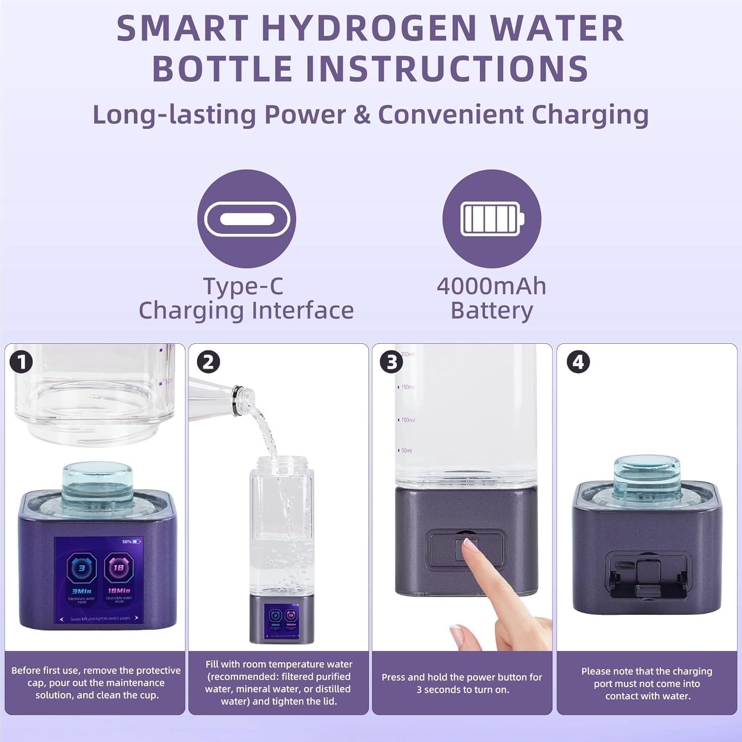 Upgraded Hydrogen Water Bottle Deluxe Version, Up to 12000PPB, Smart Touchscreen Control SPE Hydrogen Generator with LED Display Portable Hydrogen Water Generator for Sports/Home/Office - Image 6