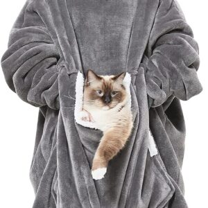 Cozystar Wearable Blanket Hoodie with Giant Pocket （Pet Won’t Leave） Extra Soft Sherpa Fleece Thick Warm ＆ Cozy Oversized Sweatshirt Blanket Jacket with Sleeves-Grey