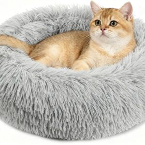 Cat Bed – Calming Cat Bed for Small Kittens Donut Washable Round for Indoor Kittens and Puppies, Anti-Slip Round Fluffy Plush Faux Fur, Small, Light Grey
