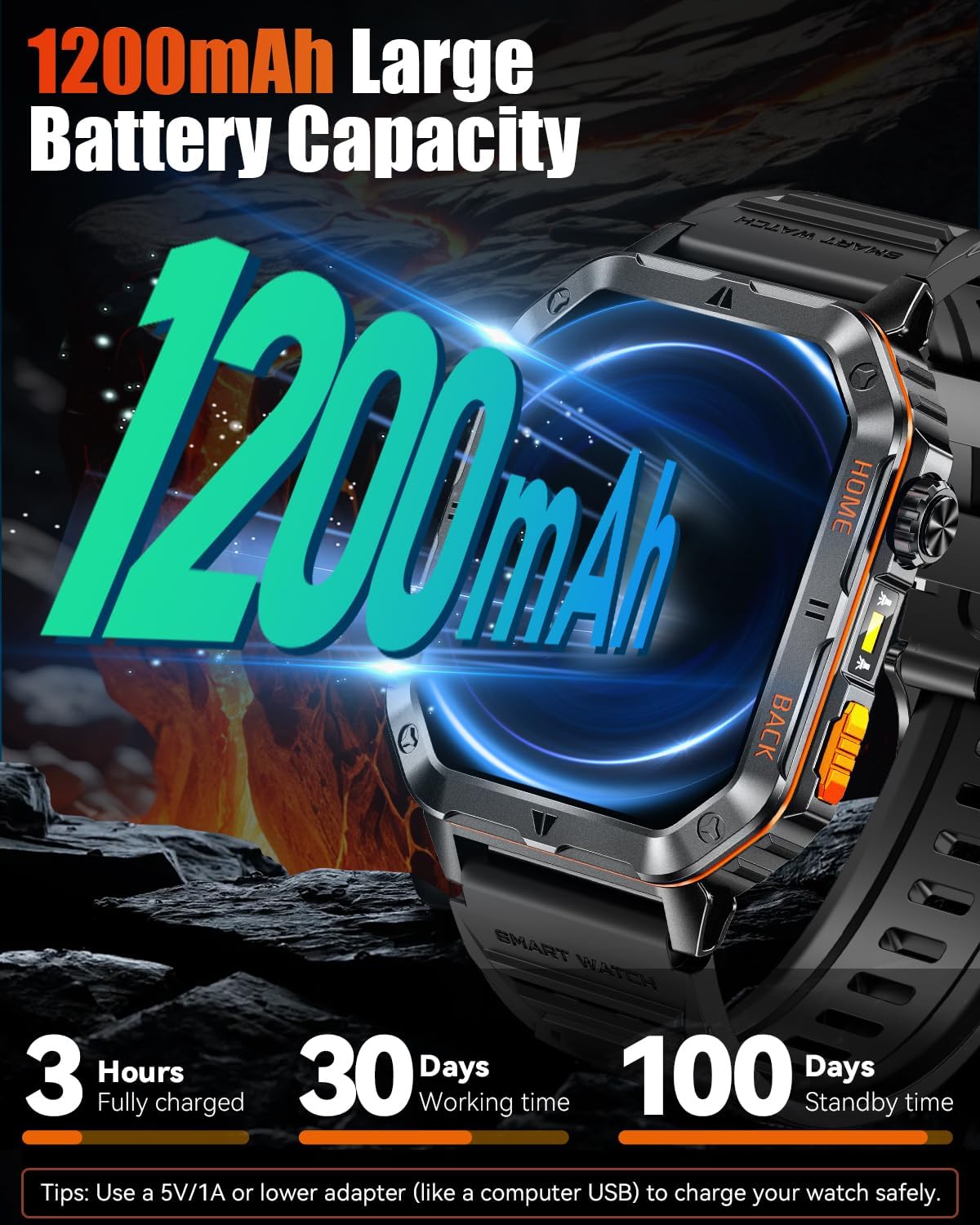 Military Smart Watch for Men, 2.01'' Fitness Tracker with 1200mAh Long Battery Life, Bluetooth Calls, Flashlight, IP68 Waterproof, Heart Rate/Sleep Tracking, 100+ Sports Modes for Android iPhone - Image 2
