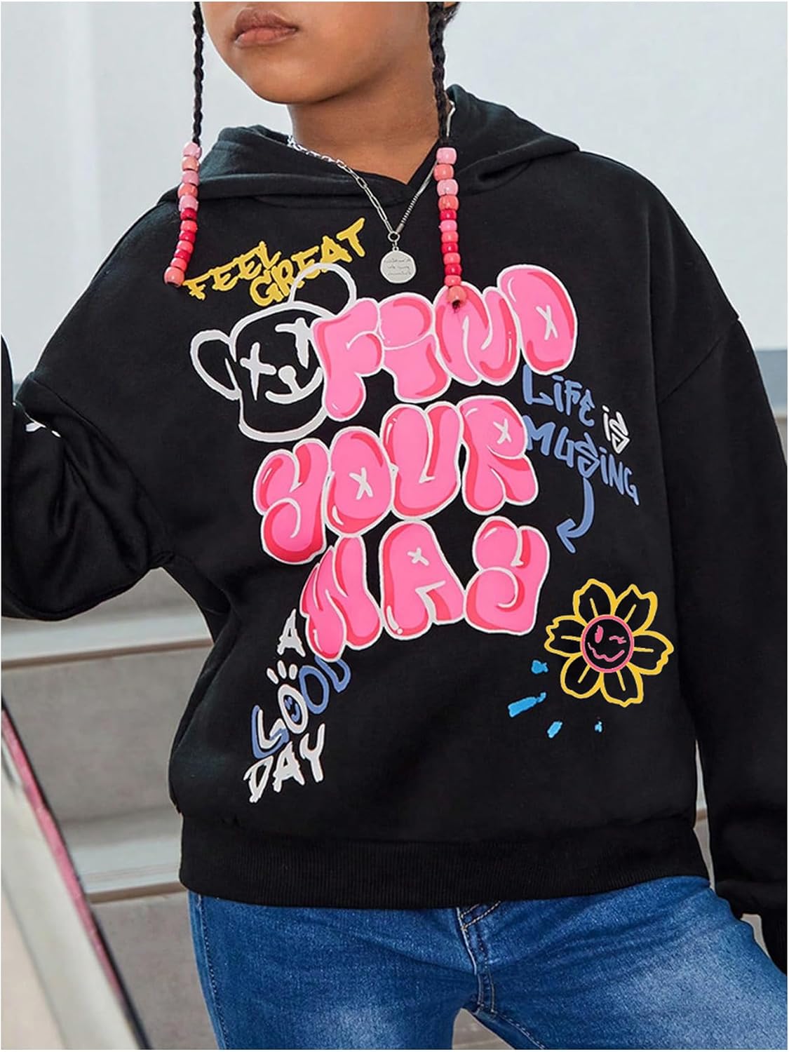 WDIRARA Girl's Cartoon Letter Graphic Hoodie Drop Shoulder Long Sleeve Pullover Sweatshirt - Image 3