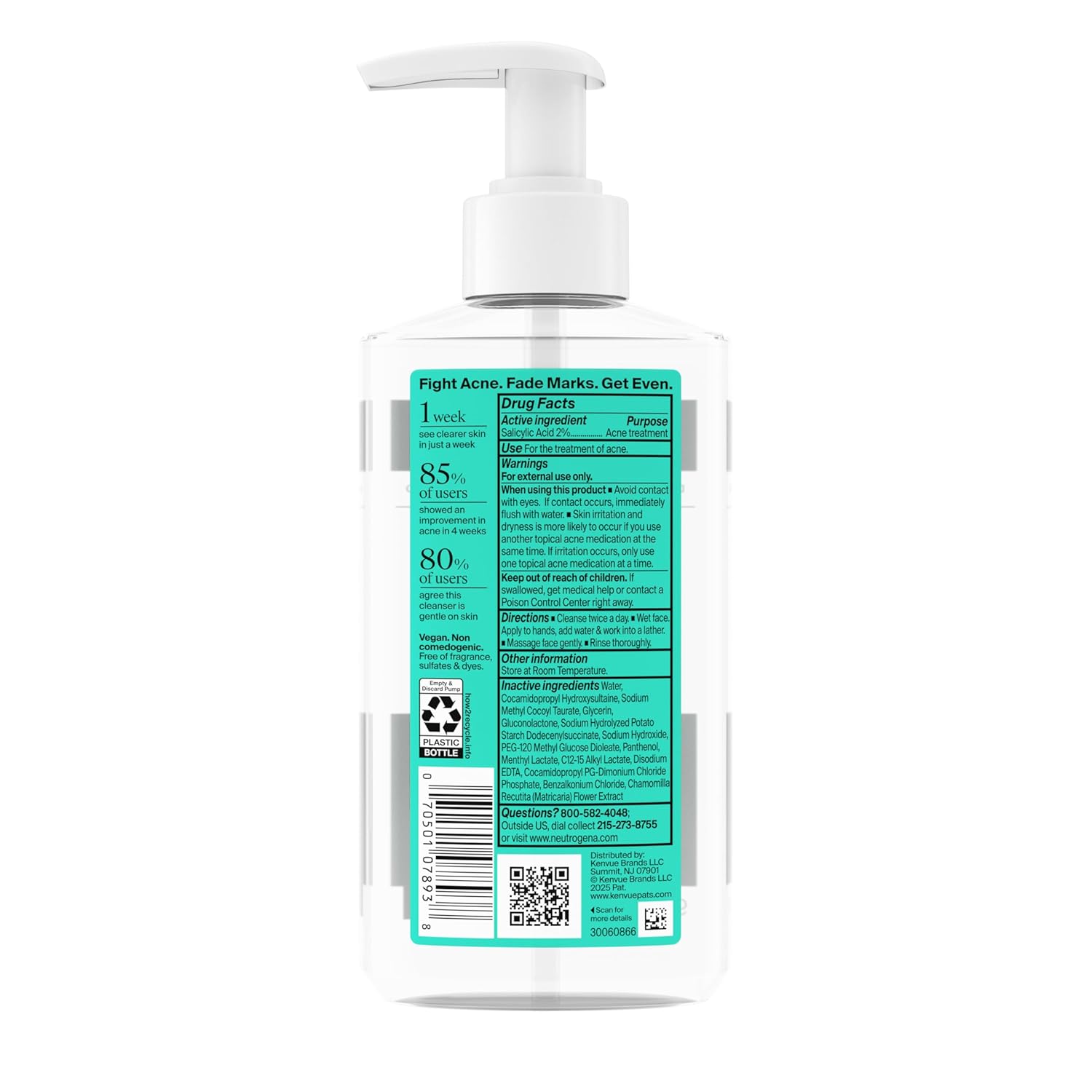Neutrogena Evenly Clear Acne Cleanser with 2% Salicylic Acid & 2% PHA Exfoliant, Gentle Foaming Face Wash Clears Clogged Pores & Blackheads While Visibly Fading Look of Post-Acne Marks, 9.1 fl. oz - Image 9