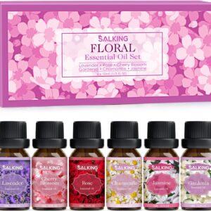 SALKING Floral Essential Oils Set, Premium Pure and Natural Essential Oils, Fragrance Oil Scented Oils for Oil Diffusers 6 x 10 ML – Lavender, Rose, Jasmine, Cherry Blossom, Gardenia, Chamomile