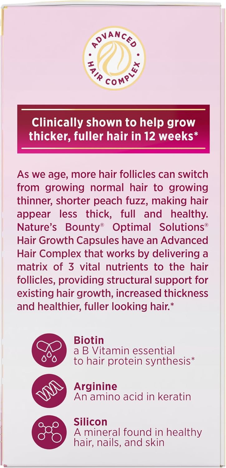 Nature's Bounty Optimal Solutions Hair Growth Supplement with Biotin, Hair Growth Vitamins with Biotin Silicon & Arginine, 1 Per Day, 30 Capsules, One Month Supply - Image 9