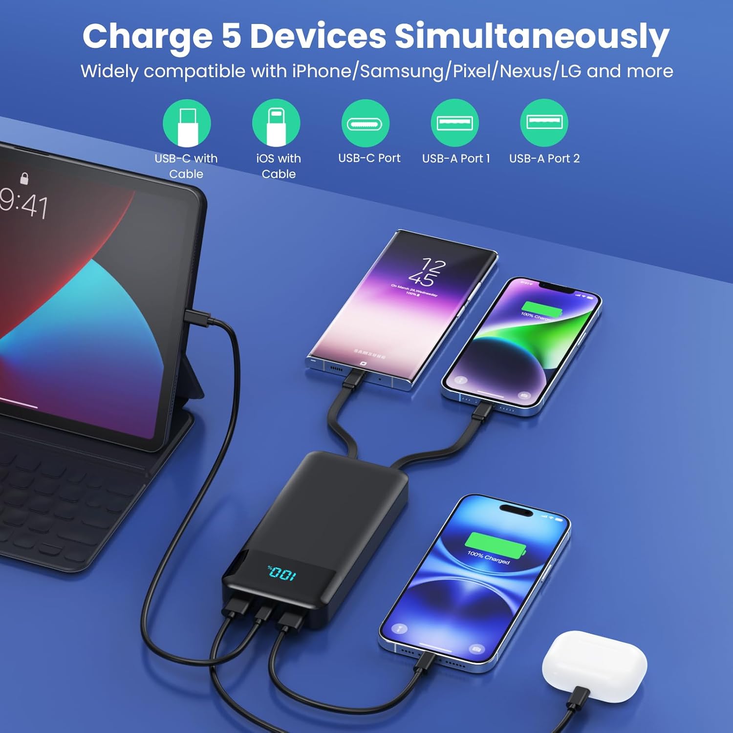 Portable Charger Power Bank 40800mAh with 3 Built-in Cables,25W Fast Phone Charging Portable Battery Pack,5 Outputs Travel Essentials Outdoor External Battery for iPhone 17/16,Galaxy Android etc-Black - Image 3