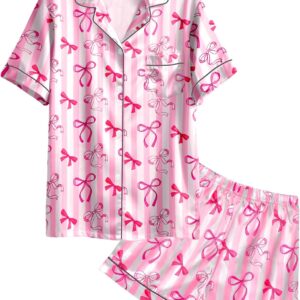 Girls Pajamas Satin Pajama Set Silk Pjs Short Sleeve Button Down Summer Bow Sleepwear for Big Kids 7-14Y