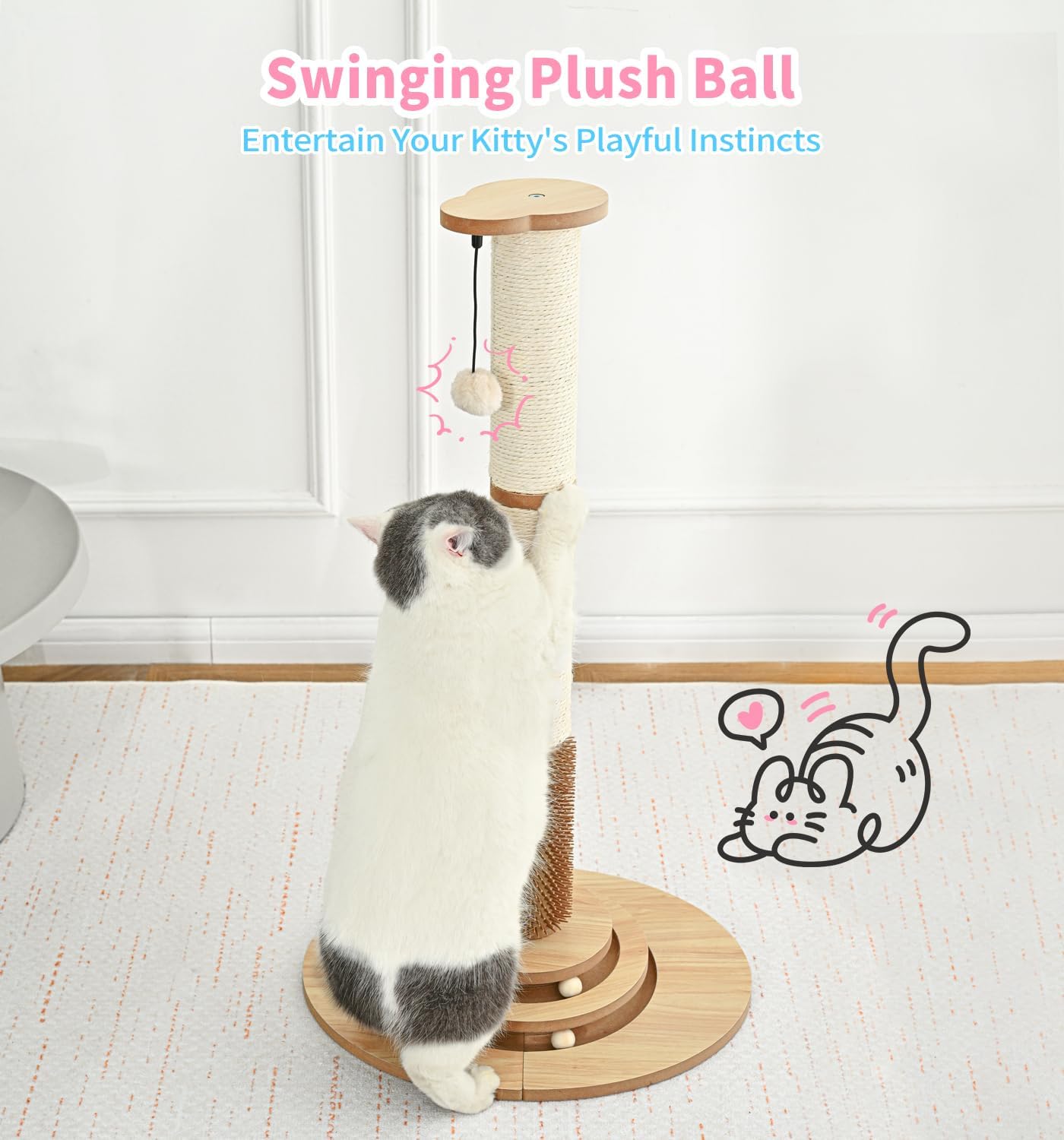 Made4Pets Cat Scratching Post Premium Sisal Cat Scratcher Kitten Toys for Indoor Kittens 33.6" Tall Cat Tower Scratch Post Cat Tree Wooden Interactive Ball Track Cat Toy with Hanging Ball, Beige - Image 7