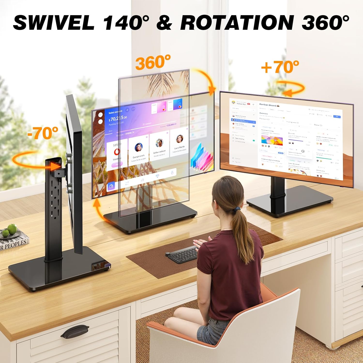 Single Monitor Stand VESA Mount for 13-32 Inch Screens, Free-Standing Monitor Riser with Swivel Tilt Rotation Height Adjustable, Universal Desk Stand up to 44lbs, VESA 75x75, 100x100mm - Image 2
