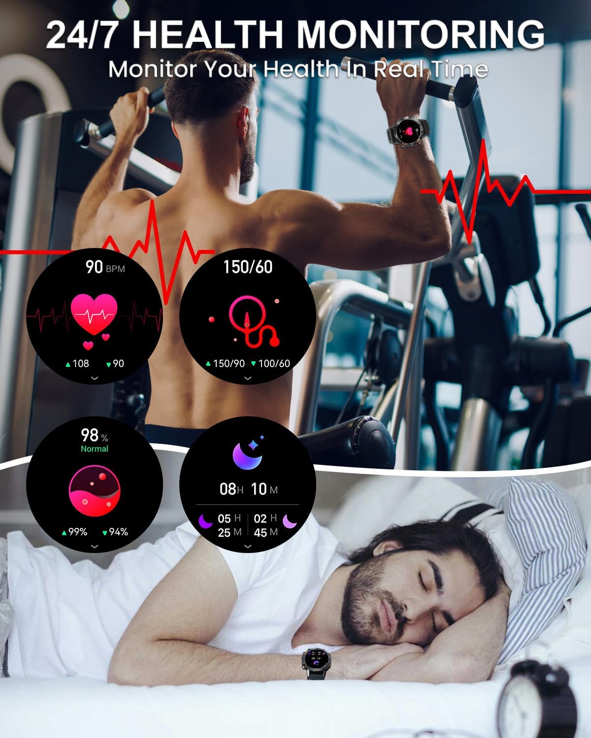 Military Smart Watches for Men(Answer/Make Call), Tactical Smartwatch for Android iOS, 400mAh Battery/Sports Tracking/Health/Sleep Monitoring - Image 6