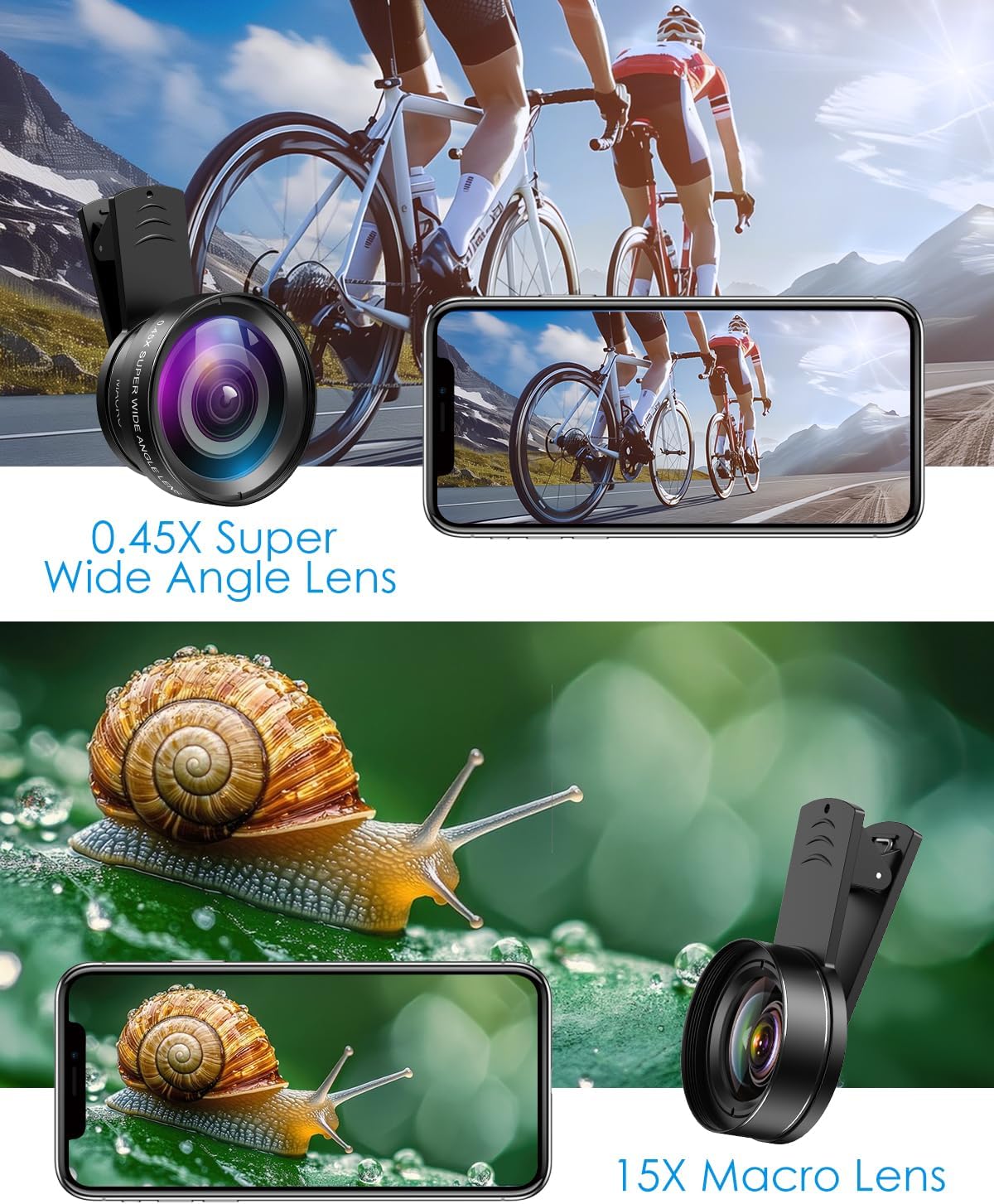 AMIR Phone Camera Lens, 0.45X Super Wide Angle Lens for iPhone Lens Kit, 15X Macro Clip-On 2 in 1 Professional Lens Kit for iPhone, Samsung, Google and Most of Android - Image 2