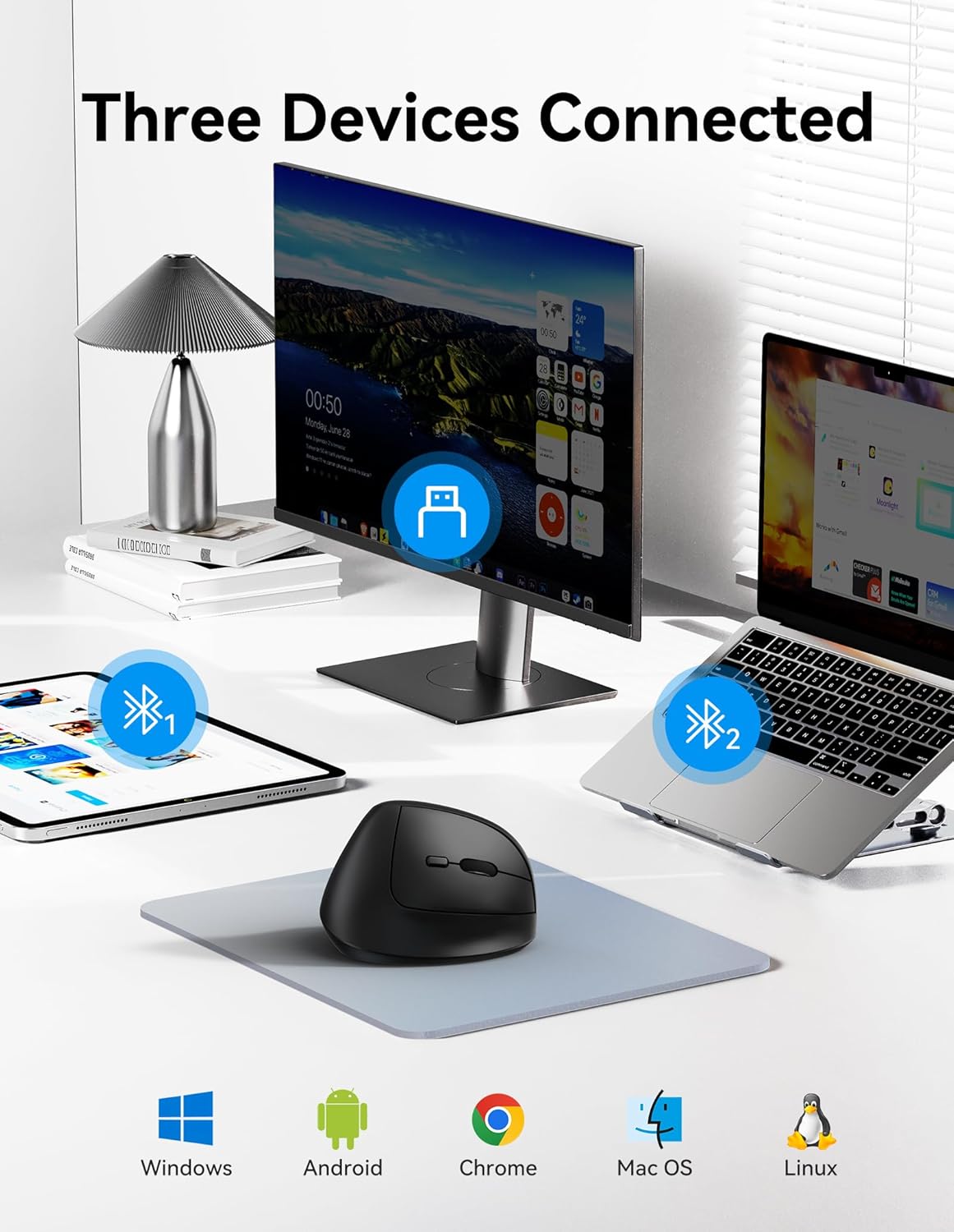 TECKNET Ergonomic Mouse, Wireless Bluetooth Vertical Mouse (BT5.3/3.0 & 2.4G) Rechargeable 4800 DPI Optical Mouse with 6 Adjustable DPI, Quiet Clicks, USB A Receiver, 6 Buttons - Wide Compatibility - Image 2