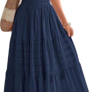 BTFBM Womens Summer 2026 Casual Midi Maxi Dresses Lightweight Short Sleeve V Neck Elastic Waist Boho Beach Dress Pockets