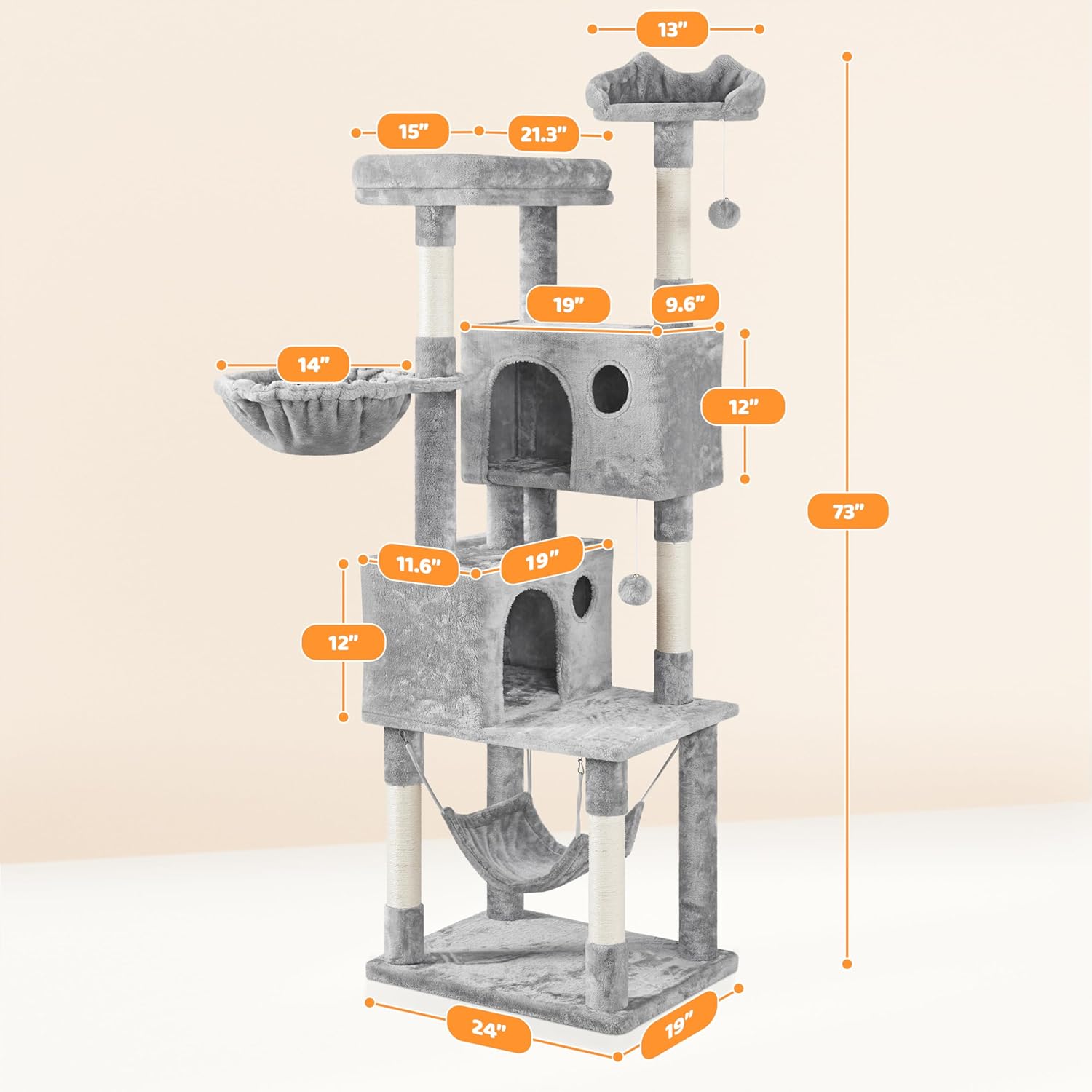Yaheetech 73in Cat Tree Tower for Indoor Cats, Multi-Level Cat Activity Center with Scratching Posts Large Cat Condo with Funny Hammock for Kittens - Image 3