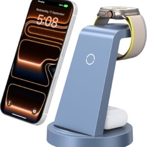 Anlzm 3 in 1 Charging Station for iPhone, Wireless Charger for iPhone 17 16e 16 15 14 13 12 11 X Pro Max & Apple Watch – Charging Stand Dock for AirPods (Blue)