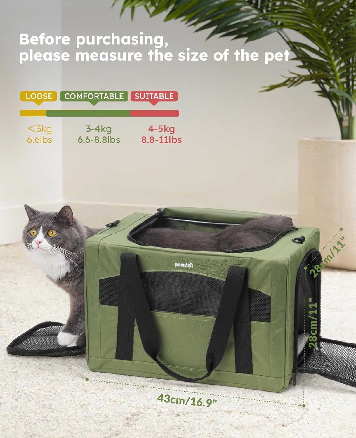 Pecute Cat Carrier Stable, Pet Carrier with Hidden Anxiety Relief Partition & Stable Steel Frame, Safe Cat Carrier for Car Travel, Soft-Sided Dog/Cat Carrier Bag for Pets Up to 11lbs, Green - Image 8