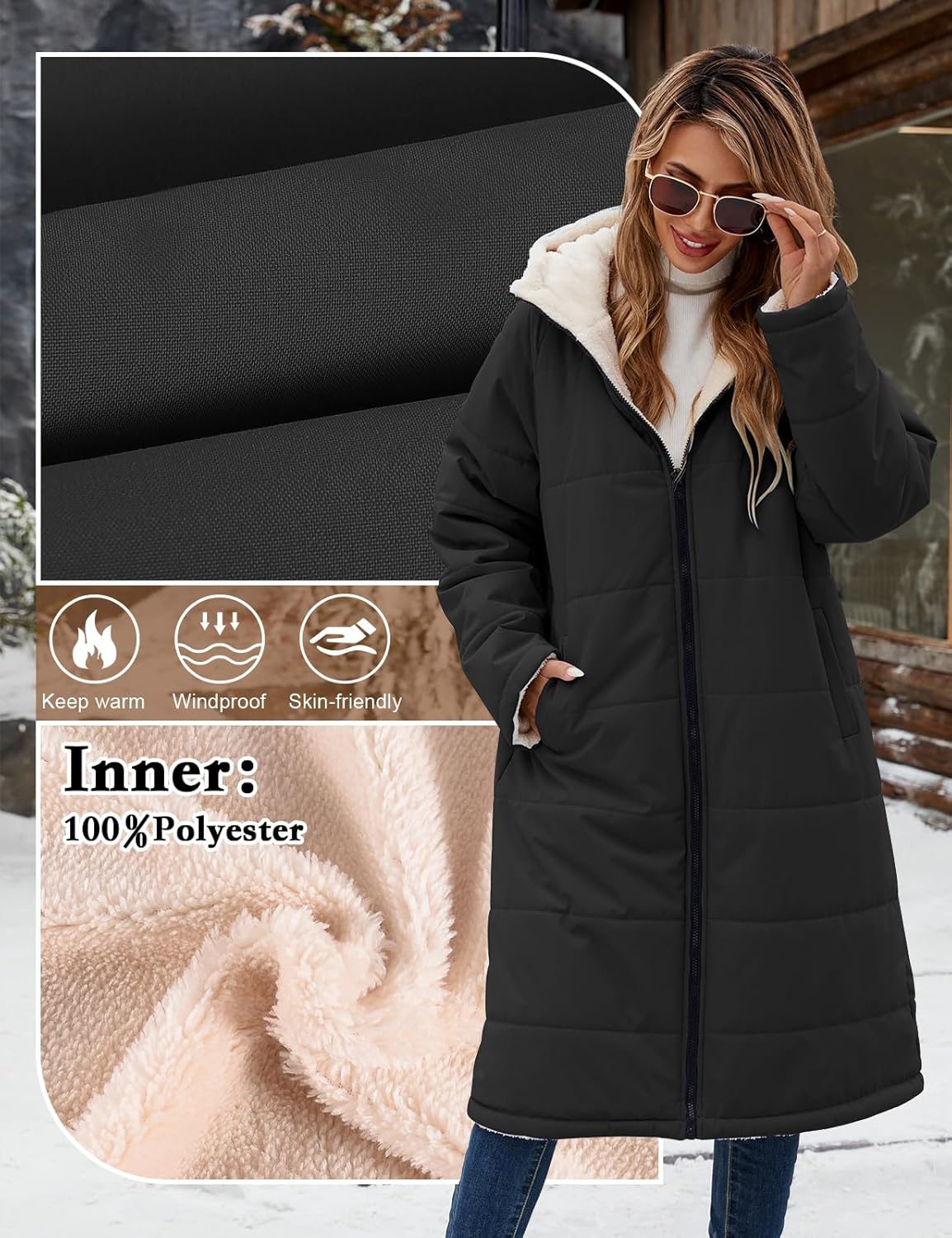 Womens Winter Coat Long Coats Sherpa Fleece Quilted Puffer Jackets with Hood Zip Warm Thicken Outwear - Image 2