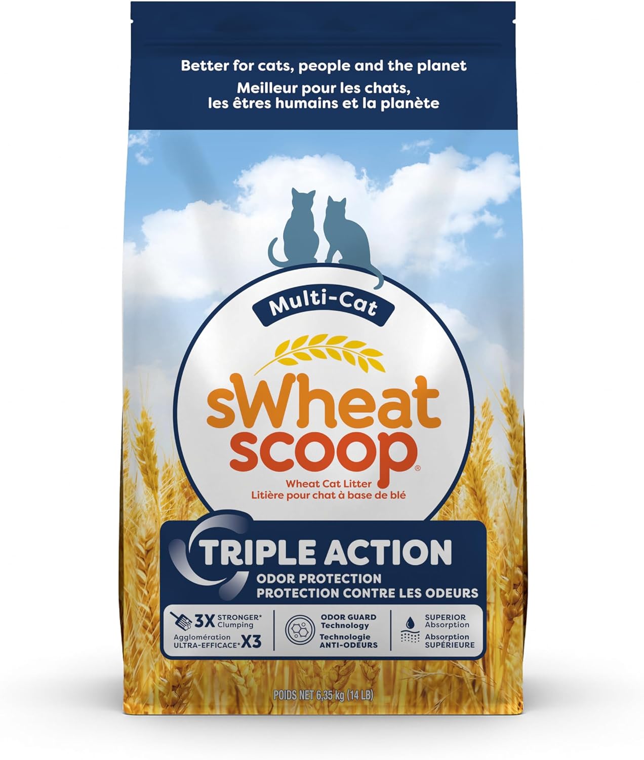 sWheat Scoop Triple Action Natural Wheat Cat Litter Odor Guard Technology, 3X Stronger Clumping, Super Absorbtion, 99.5% Dust Free Performance, 14 Pounds