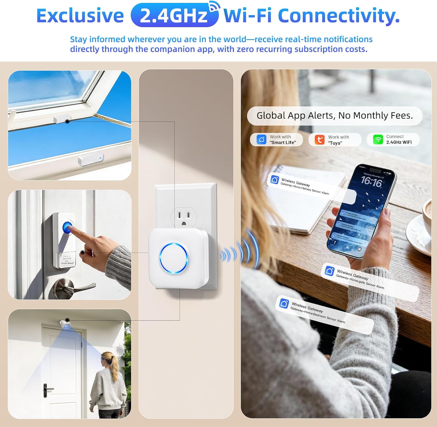 WiFi Sensor, Smart Motion Detector Kit with Phone App Alerts, Includes Gateway Hub, PIR Motion Sensor, Doorbell Button, Door Sensor, DIY Burglar Alarm for Home Business Apartment (Only 2.4GHz) - Image 2