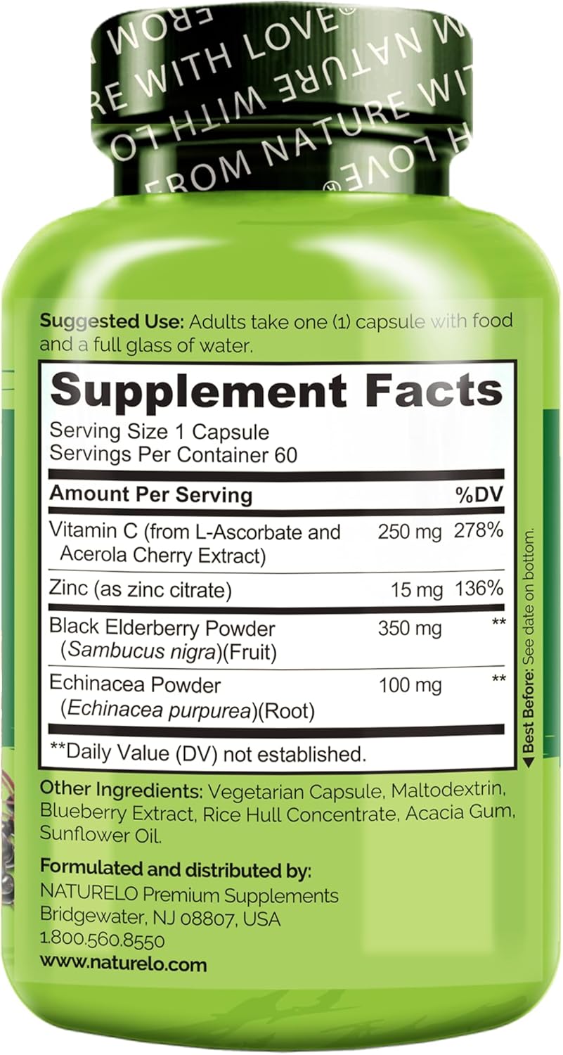 NATURELO Immune Support – Vitamin C, Elderberry, Zinc, Echinacea – Natural Immunity Boost w/Antioxidant, Herbal & Mineral Defense - 60 Vegan Capsules - Image 7