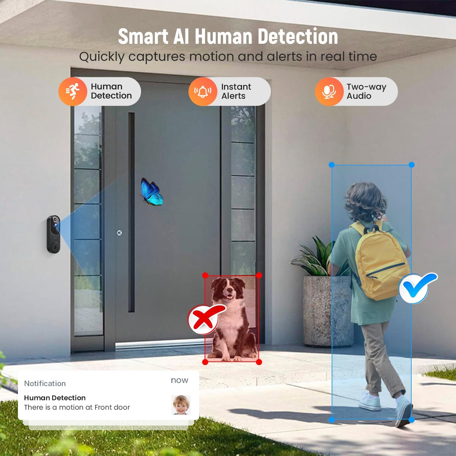 GridTera Smart Video Doorbell Camera Wireless, AI Human Detection and Instant Alerts, Night Vision, 2-Way Audio, Battery Powered, Cloud Storage Sold Seperately, 2.4G WiFi (Chime Included) - Image 3