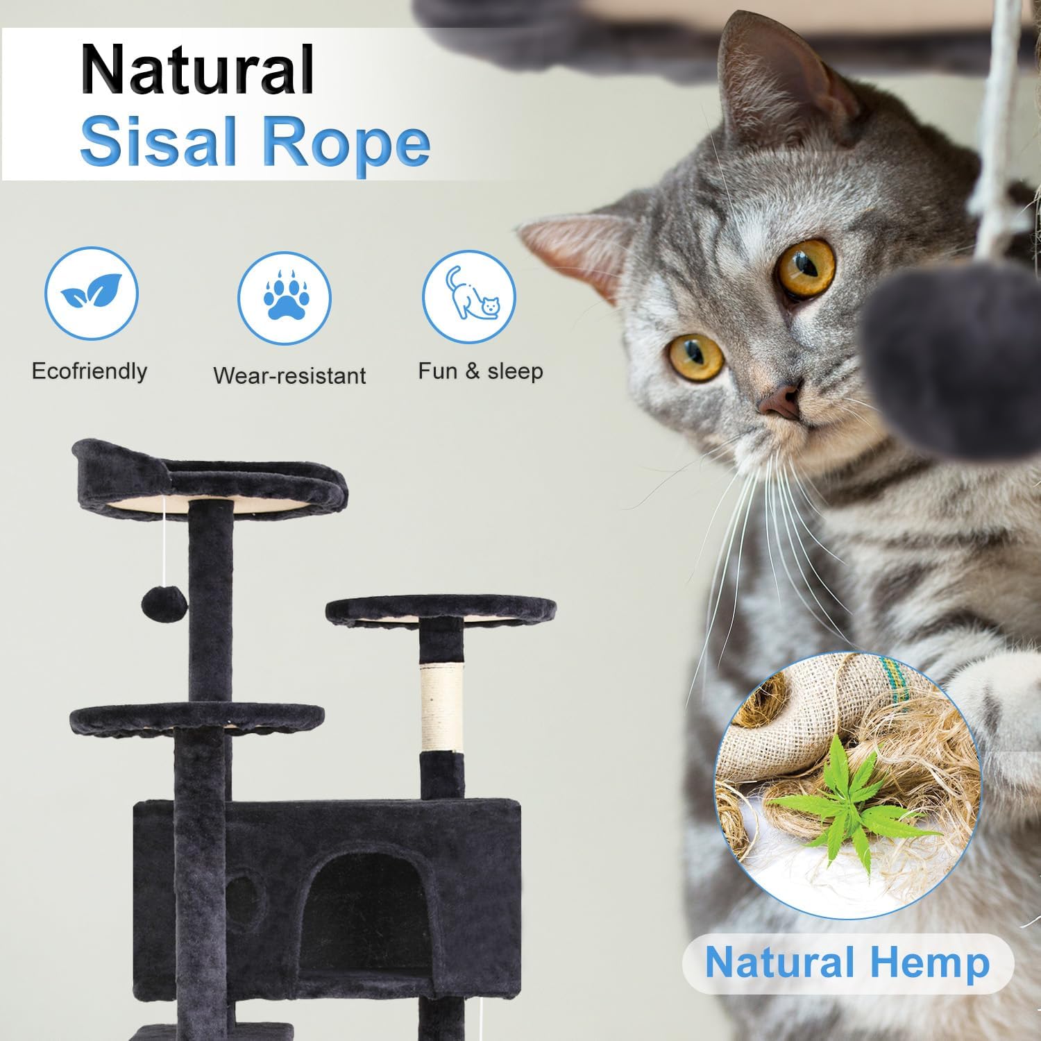 FDW | 54" Cat Tree Tower | Dark Gray | Multi-Level Indoor Activity Center with Sisal Scratching Posts, Condos, Plush Perches, Hanging Cat Toys | Sturdy, Easy to Assemble | for Kittens & Adult Cats - Image 4