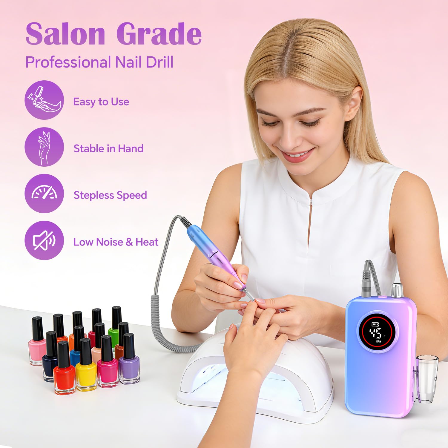 Nail Drill Professional, 45000 RPM Rechargeable Electric Nail File Kit for Acrylic & Gel Nails, Portable Manicure Pedicure Tool for DIY Home or Salon, with 11 Nail Drill Bits & Sanding Band Set - Image 3