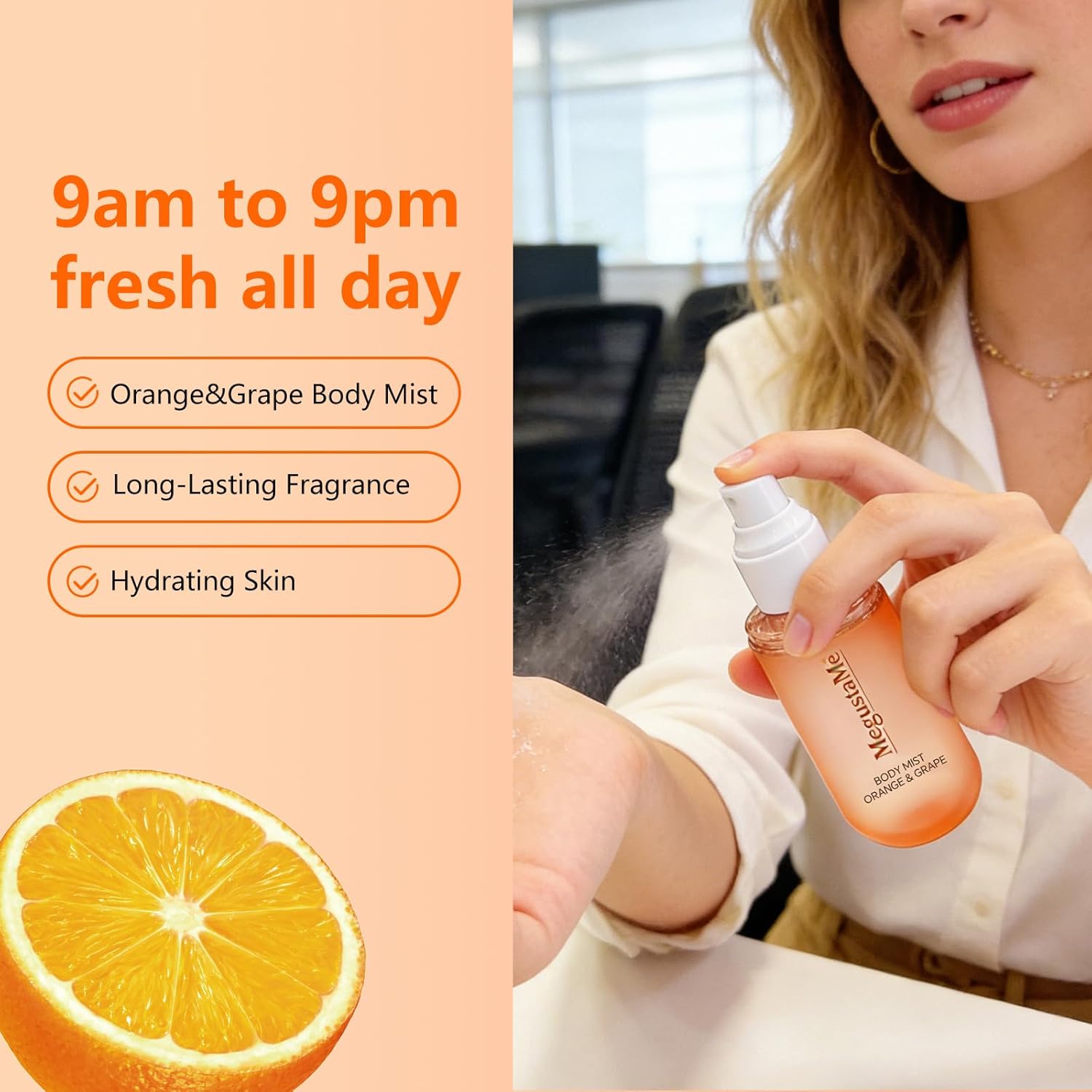 Orange & Grape Body Spray for Women, Long Lasting Citrus Fruits Perfume Mist, Paraben Free Phthalate Free, Lightweight Non-Sticky Gentle Skin Safe Daily Fragrance, Travel Size 3.38 fl oz - Image 7