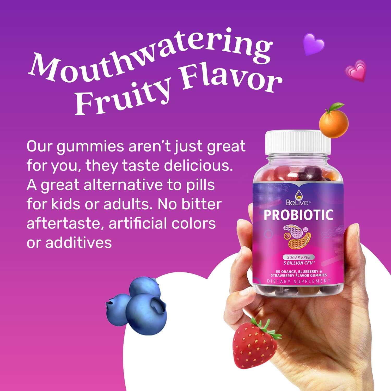 BeLive Probiotic Gummies - Probiotics with 5 Billion CFUs for Digestive Health, Men, Women & Kids - for Immune Support, Sugar Free & Vegan | 60 Ct – Blueberry, Strawberry & Orange - Image 6