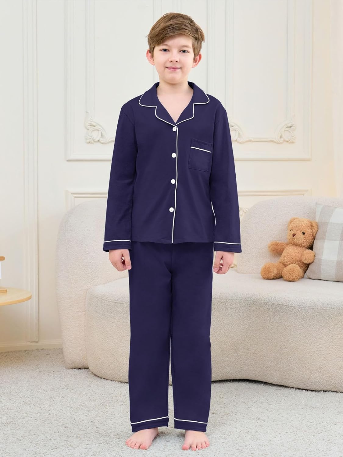 QZH.DUAO Boys Pajamas Set Kids Soft Long Sleeve Top and Pants Sleepwear 2 Pcs Button-Up Comfy Pjs Set for Ages 4-14 - Image 2