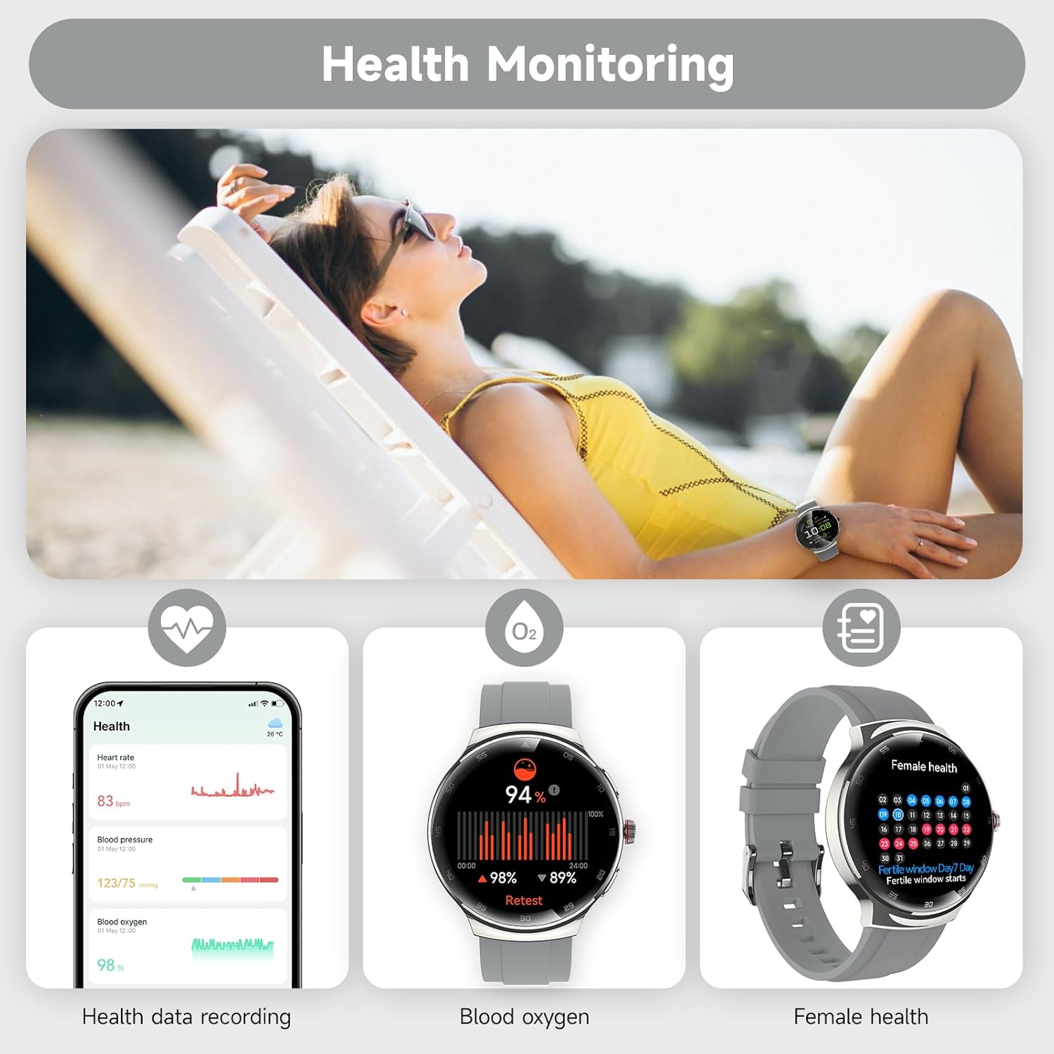 Smart Watches for Men Women, 1.43'' AMOLED Touchscreen Smartwatch for Android & iPhone, 150+ Sports Modes, Waterproof Fitness Tracker, Heart Rate/SpO2/Stress/Sleep Monitor, 2 Bands, Silver - Image 4