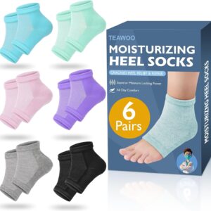 TEAWOO Moisturizing Heel Socks – 6 Pairs for Dry Cracked Feet, Toeless Gel Socks for Hydration and Repair