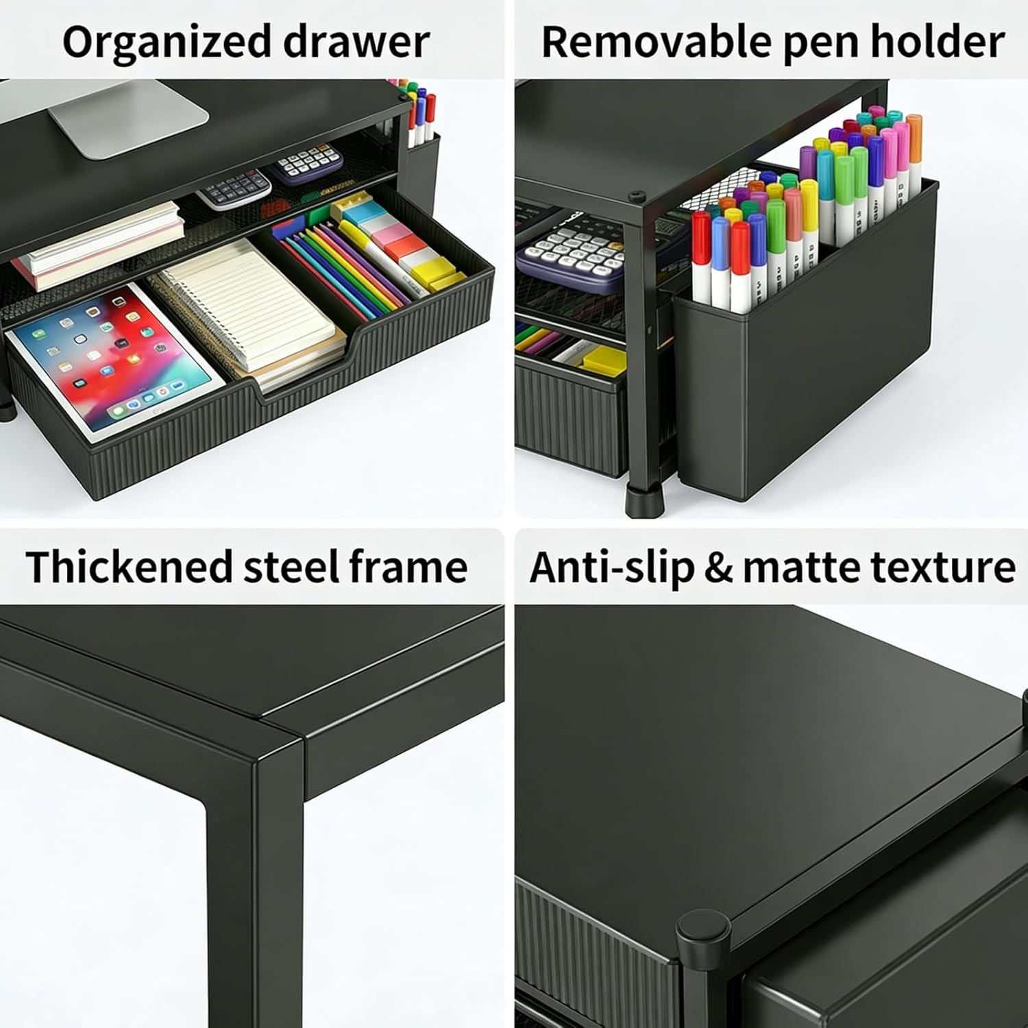 ECOLOVI Desk Organizer and Accessories, 2-Tier Computer Monitor Stand Rise with Storage Drawer & 2 Pen Holders, Laptop & Printer Stand for Desktop, Workspace Organizers for Office Supplies (Black) - Image 3