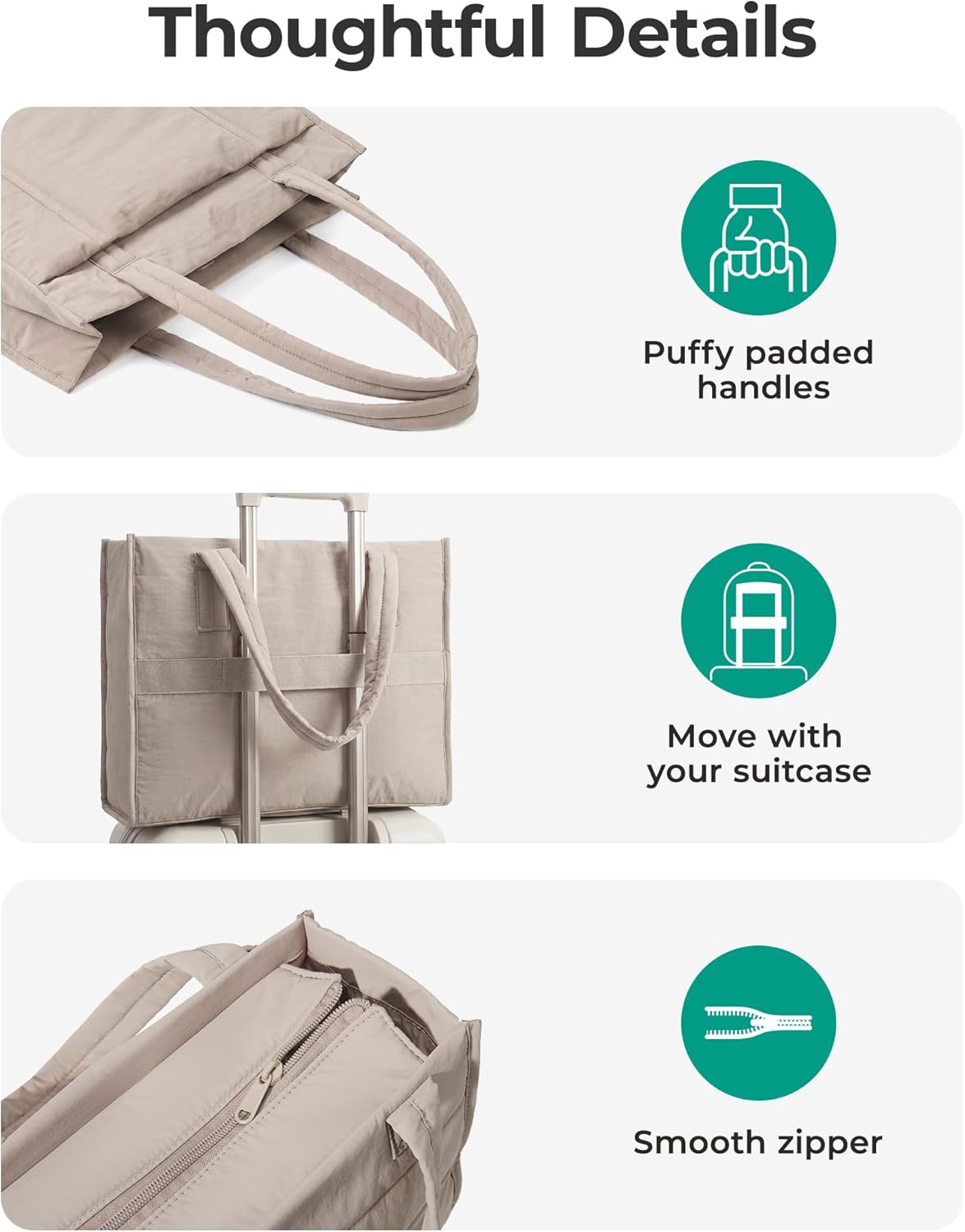 BAGSMART Tote Bag for Women, 2Pc Puffer Tote Bag with Zipper, Quilted Work Tote Teacher Bag Shoulder Handbag | Beach Tote, Diaper Bag Tote, for Travel, Gym, Lightweight, Fit 15.6" Laptop, 21L Medium Tote - Image 6