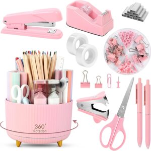 SKYDUE Pink Desk Accessories 10Pcs, Rotating Pen Holder for Desk, Stapler, Staple Remover, Tape Dispenser,2pcs Tape Refills, Binder Paper Clips Kit, Scissor,Pink Office School Supplies