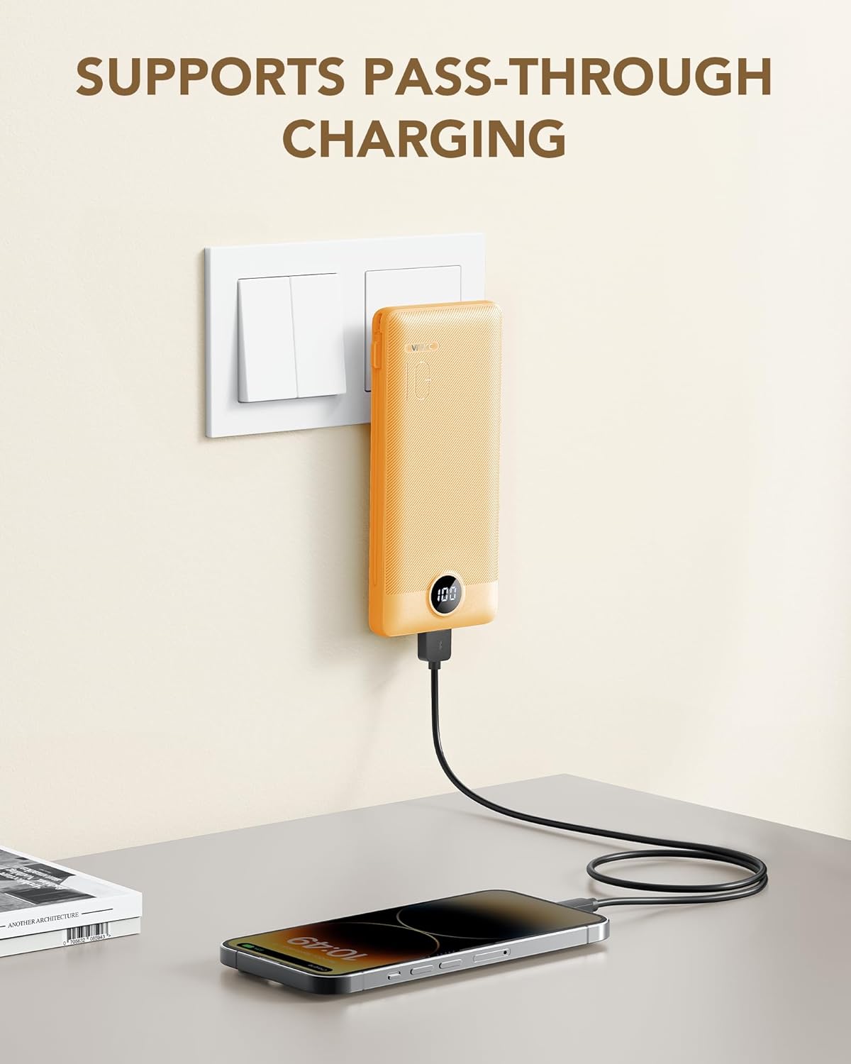 VRURC Portable Charger Built-in Cables and AC Wall Plug, USB C Power Bank 10000mAh, Travel Battery Phone Charger Compact Lightweight External Battery Pack for Smart Phones, Tablets etc-Orange - Image 2
