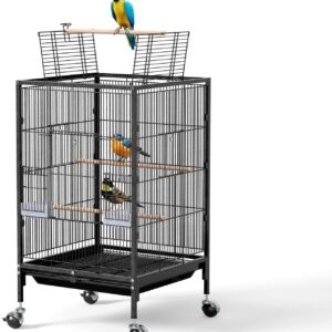 VINGLI 38-inch Bird Cage with Wheels, Durable Wrought Iron Parakeet Cage with Slide Out Tray, Black Bird Cages for Parakeets/Lovebird/Cockatiels/Budgies and Other Small/Medium Birds (Medium-38 inch)