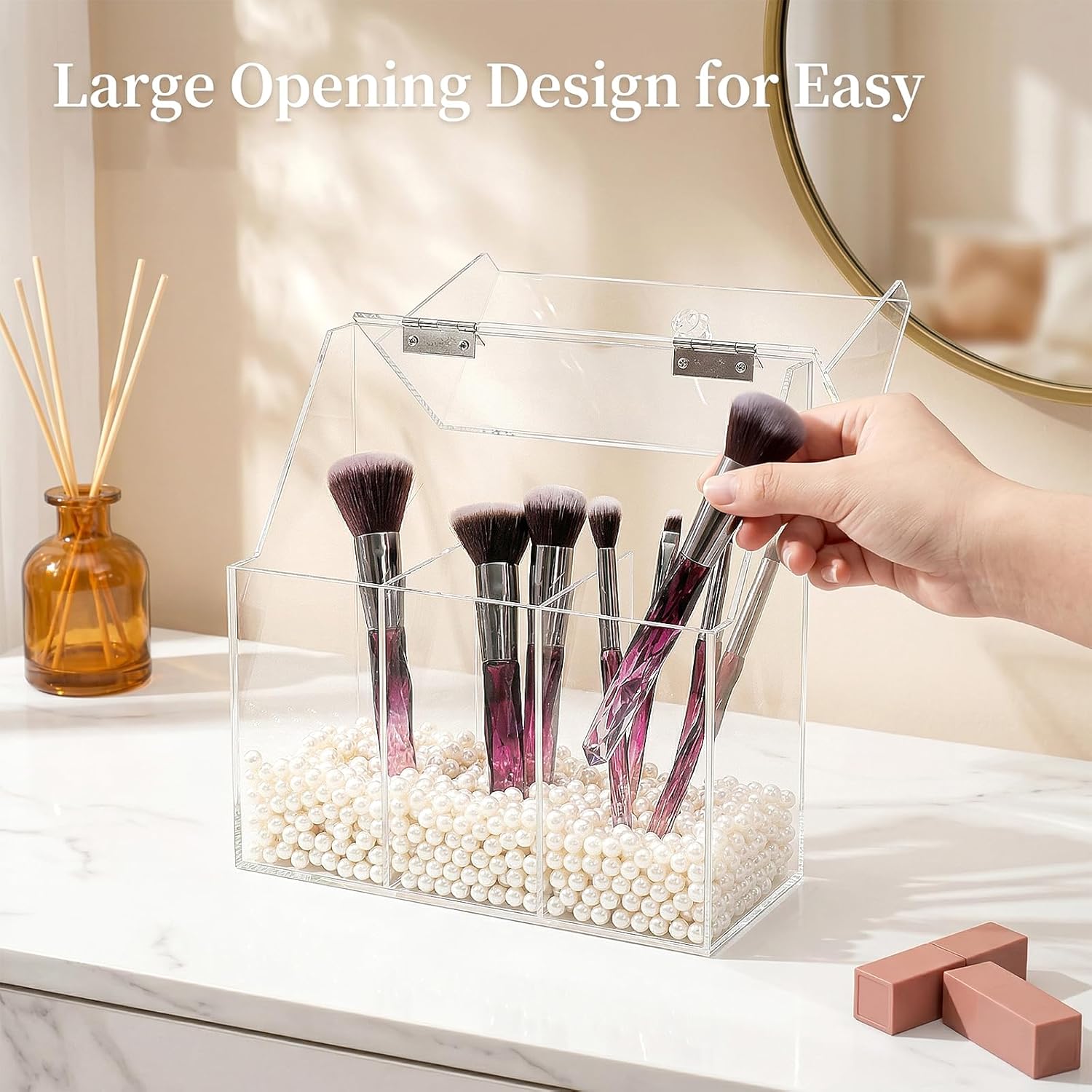 Okllen Makeup Brush Holder with Dustproof Lid, White Pearls, Acrylic Clear Makeup Brush Organizer with 3 Compartment, Large Cosmetic Brush Storage Box Case for Vanity, Bathroom, Bedroom - Image 9
