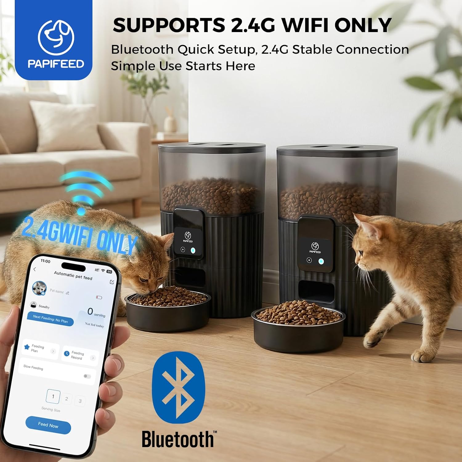 PAPIFEED Automatic Cat Feeder with App, 2.4G WiFi Cat Food Dispenser, 3L Slow Feeder Timed Cat Feeders for Dry Food, 10 Meals/Day, 6 Portions/Meal, Dual Power Supply Smart Pet Feeder for Small Dog - Image 3