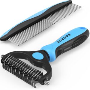 Docrok Pet Grooming Combo – Blue Deshedding Brush with Metal Comb for Detangling and Dematting Long, Matted Fur on Cats and Dogs