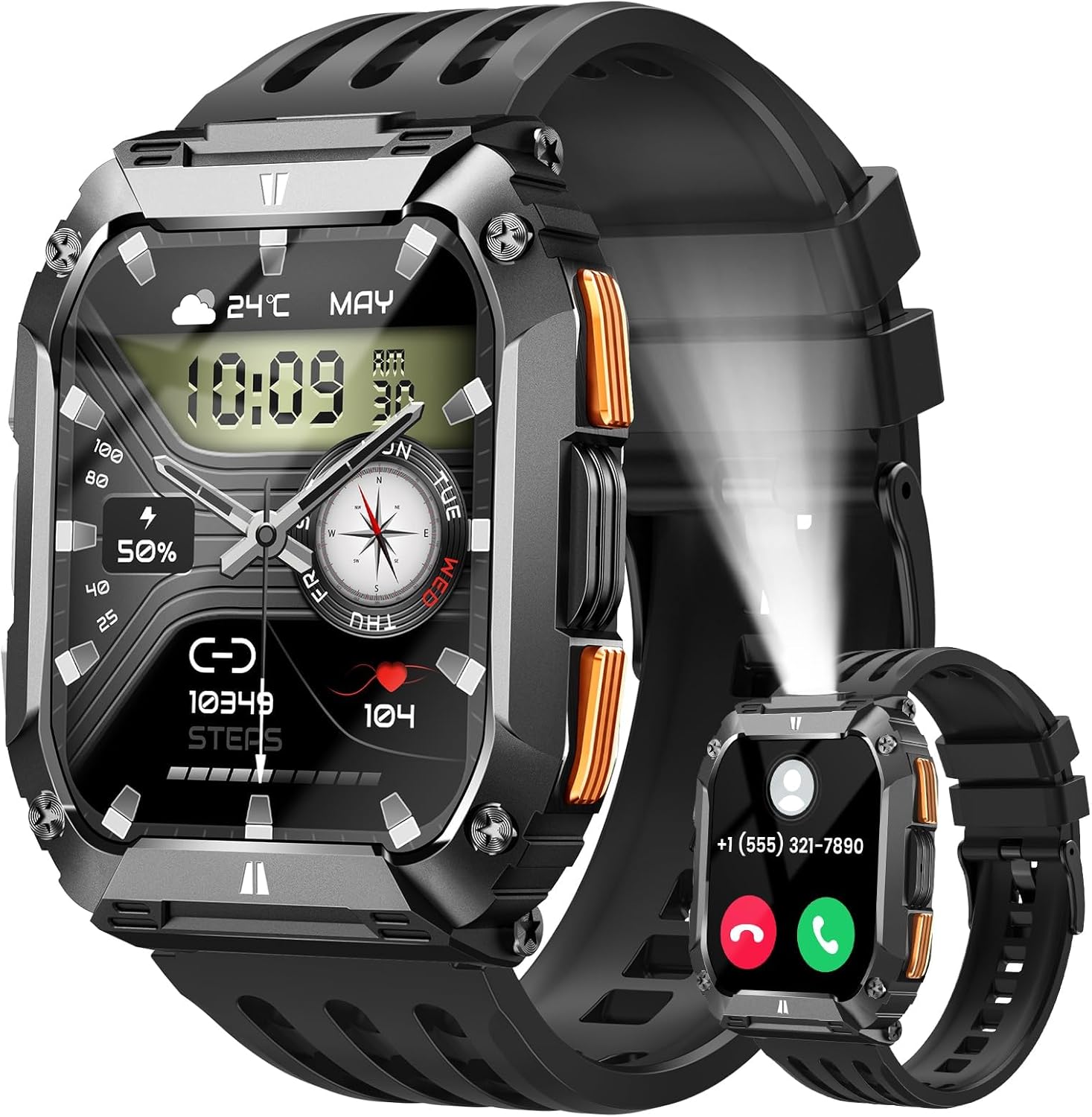 Smart Watches for Men(Flashlight&100 Days Battery Life), 1.95'' Fitness Watch: Waterproof Military Smart Watch with Call/Sleep/SpO2/Heart Rate Monitor/Step Tracker, Sport Smartwatch for Android iPhone