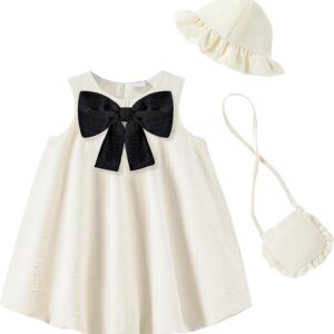 SODLON Baby Girl Dress Summer Clothes Bow Bubble Dresses Infant 3-Piece Outfits Toddler Girls Linen Sleeveless Sundress 3M-3T