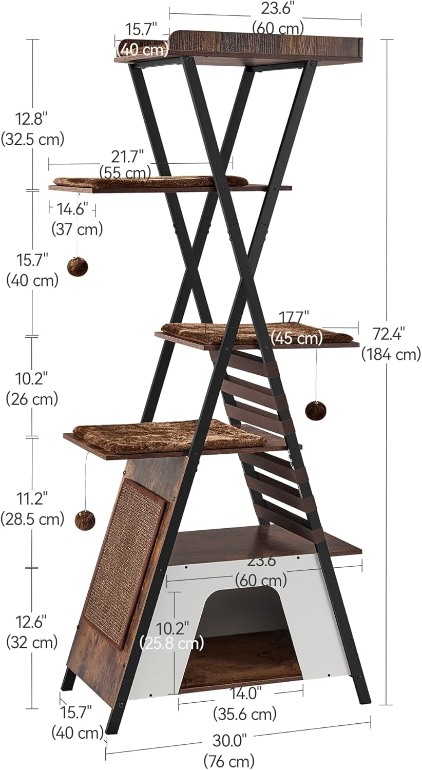 FourFurPets 72.4" Modern Cat Tower for Indoor Cats - Multi-Level Condo With Caves, Tall Tree With Scratching Board, Wooden Tower With Large Perch, Removable Pads, Rustic Brown - Image 5