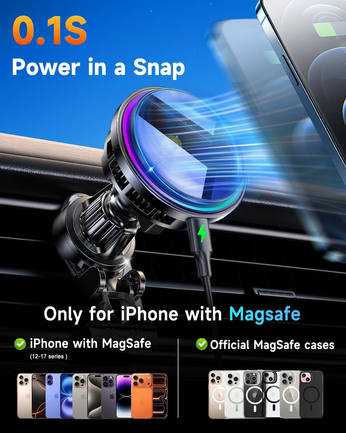 for MagSafe Car Mount Charger, TEC & Fan Dual Cooling Magnetic Wireless Car Charger, Strong Magnet 15W Fast Charging Air Vent Car Phone Holder Bracket for Your Car for iPhone 17 16 15 14 13 & Android - Image 8