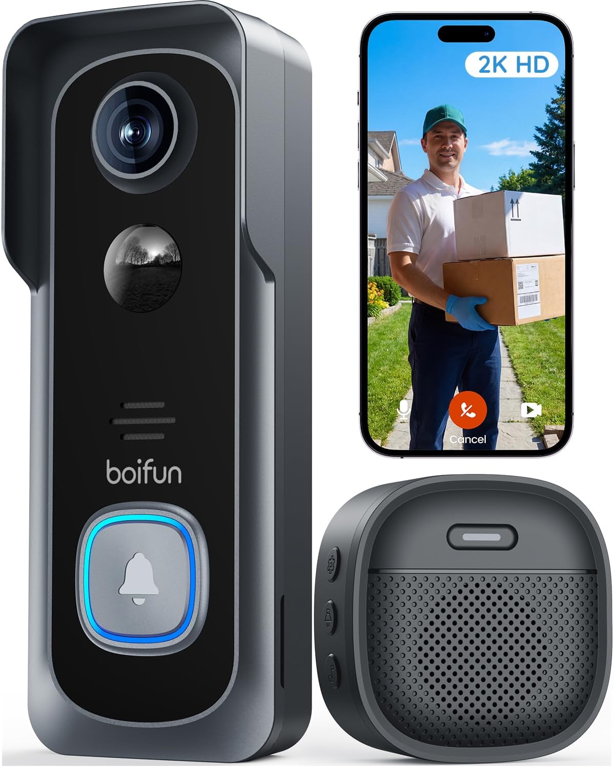 BOIFUN Video Doorbell Camera Wireless – No Subscription Required, 2K HD, 166° Wide View, HDR Night Vision, Motion Alerts, Two‑Way Audio & Battery Video Doorbell with Chime, 2.4 GHz Wi‑Fi Only