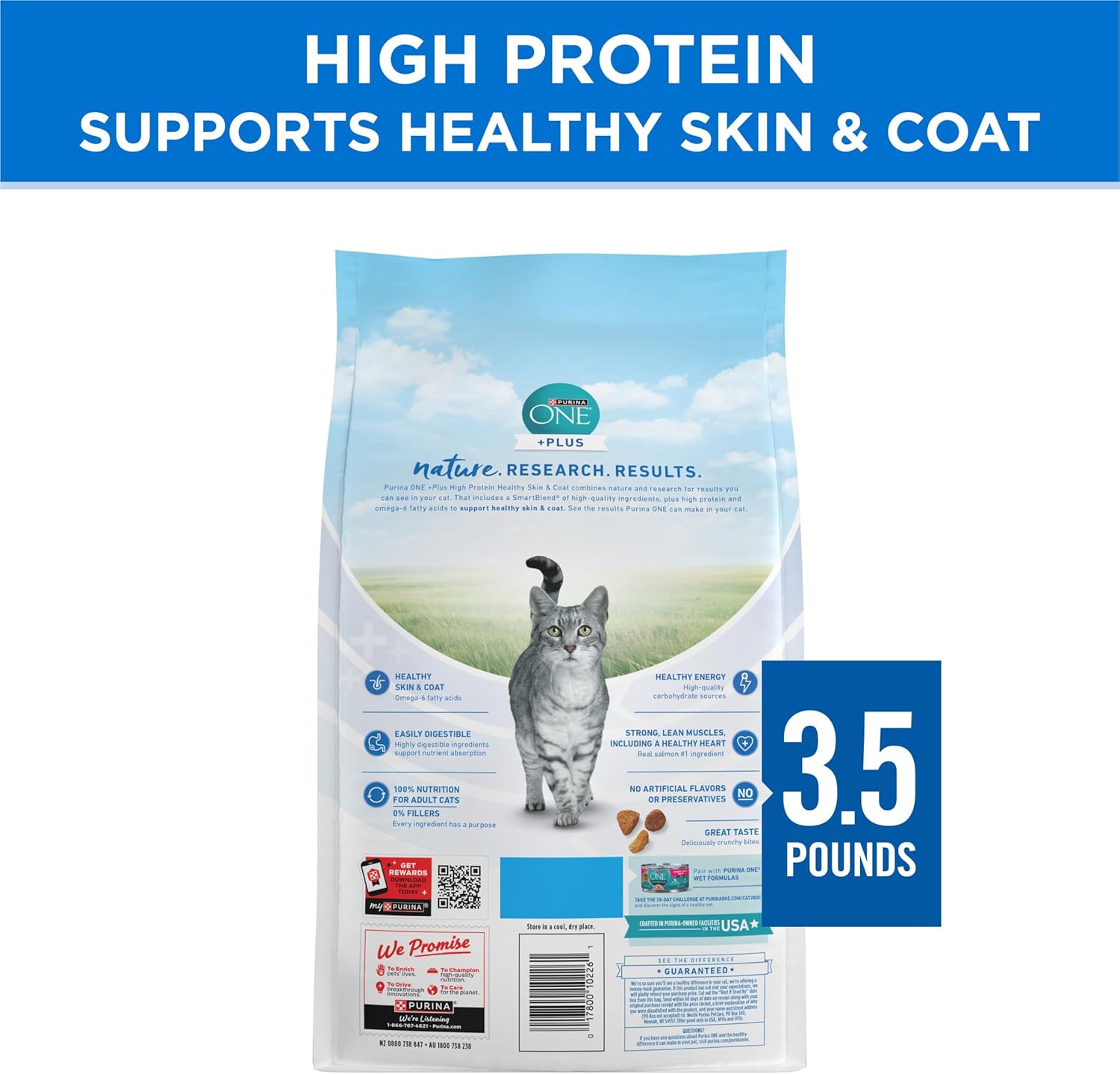 Purina ONE Plus High Protein Cat Food Dry Salmon and Ocean Whitefish Cat Skin and Coat Health Formula - 3.5 lb. Bag - Image 9