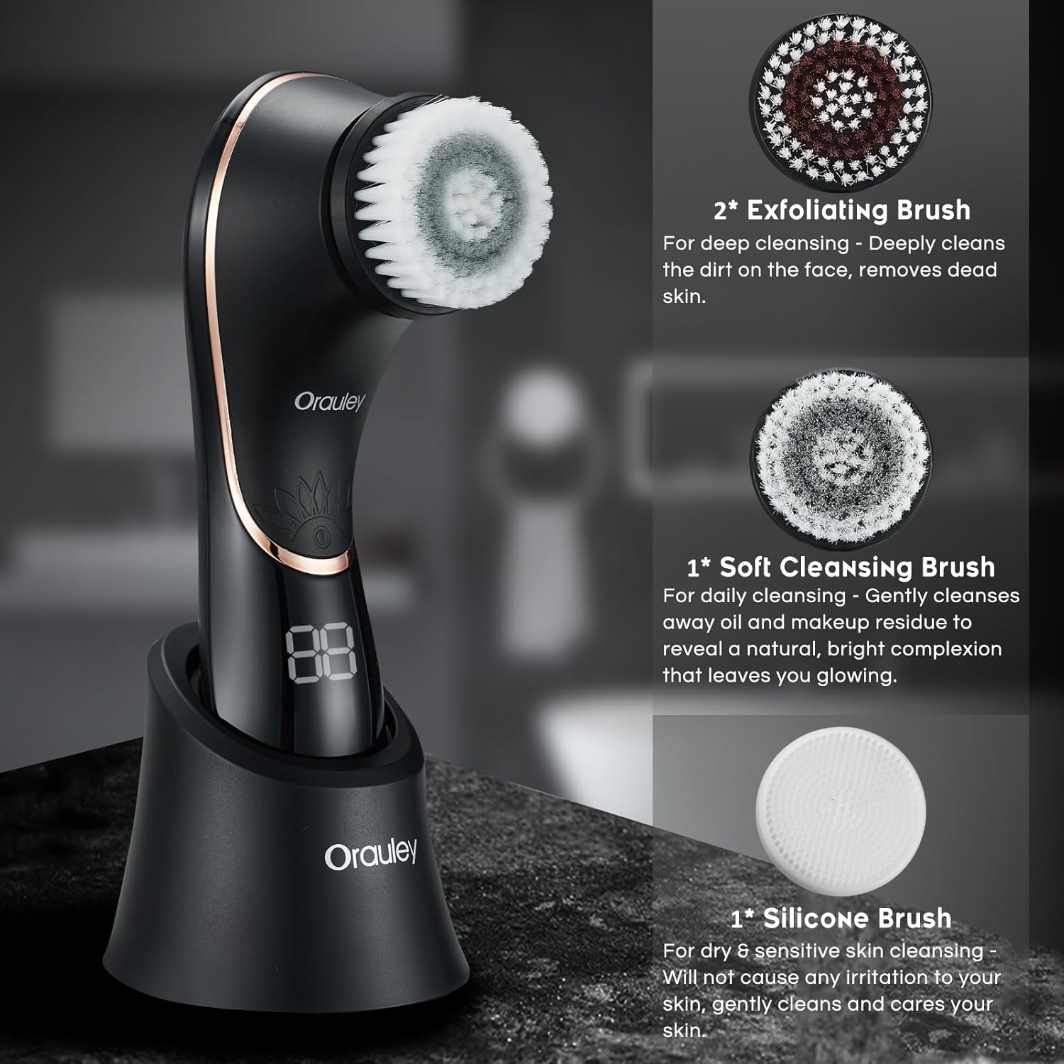 Facial Cleansing Brush, Electric Face Scrubber Rechargeable Exfoliator IPX-7 Waterproof Rotating Cleanser for Exfoliating, Massaging and Deep Cleansing for Women & Men with 4 Brush Heads Black - Image 3