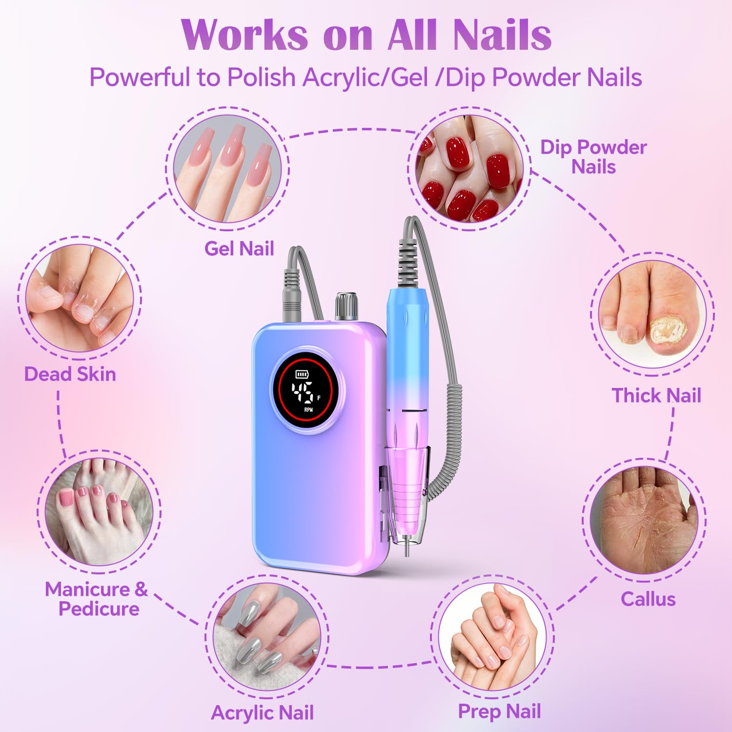 Nail Drill Professional, 45000 RPM Rechargeable Electric Nail File Kit for Acrylic & Gel Nails, Portable Manicure Pedicure Tool for DIY Home or Salon, with 11 Nail Drill Bits & Sanding Band Set - Image 6